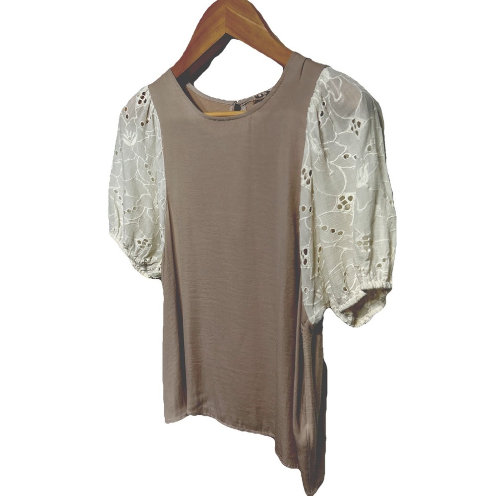 Anthropologie Dolan Left Coast Collection Lace Puff Sleeve Top Beige White Sz S